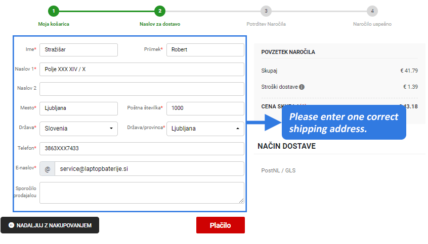 Dodajte naslov za dostavo